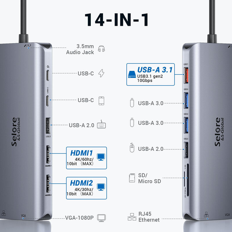 Selore&S-Global USB C to Dual HDMI Adapter 4K @ 60Hz