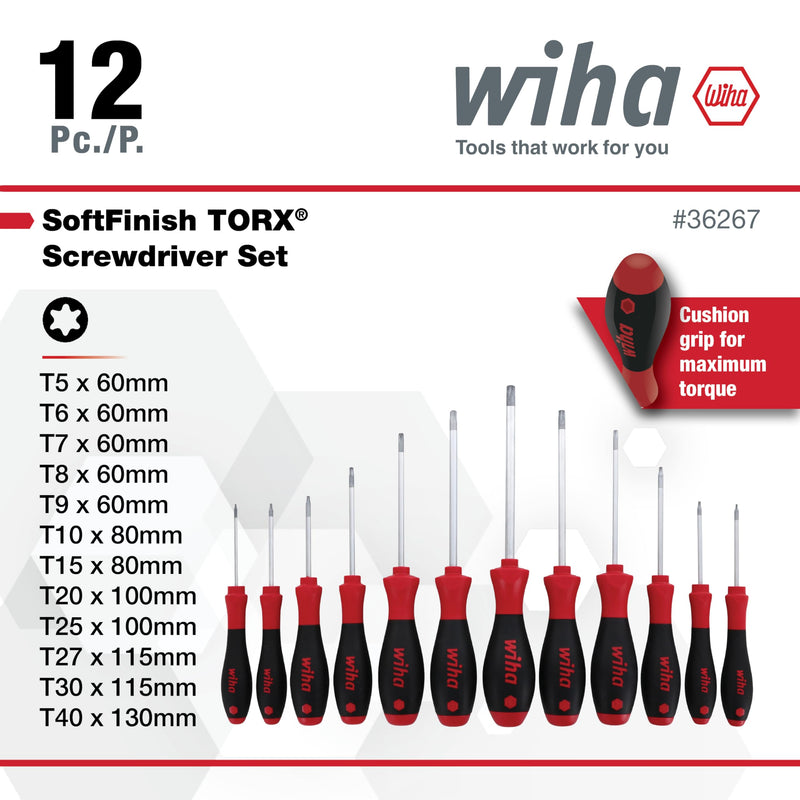 Wiha 36267 Torx Screwdriver Set, 12 Piece, T5–T40, SoftFinish Ergonomic Handle