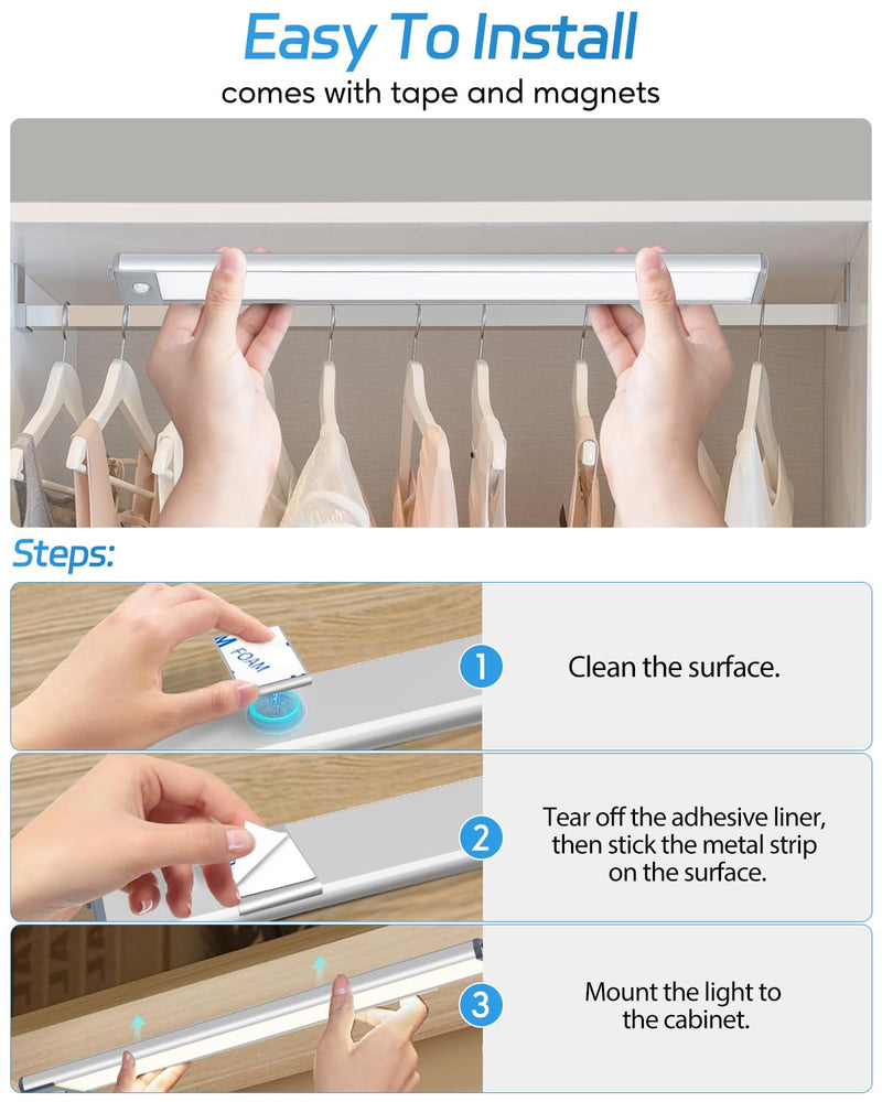 HIBOITEC 60 LED Under Cabinet Lighting 2 Packs, Stepless Dimming Motion Sensor Light Indoor, 3 Color Tempera Wireless Closet Lights, 2500mAh Rechargeable Battery Operated Light for Kitchen, Hallway 2 Pack 12.6inch-60LED