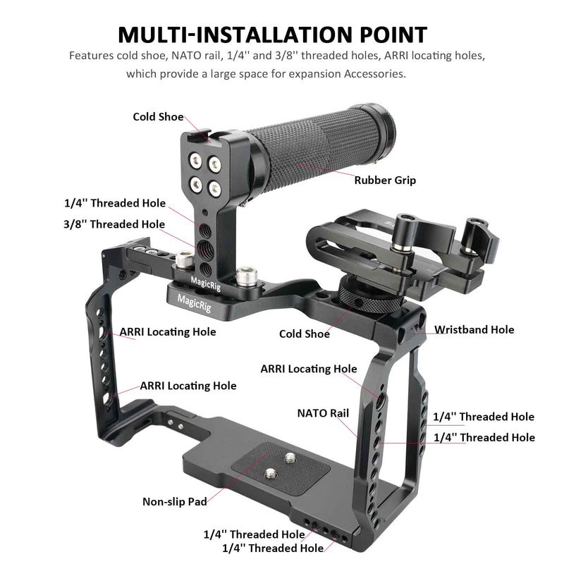 BMPCC 6K Pro Cage Rig for Blackmagic Design Pocket Cinema Camera 6K Pro & G2, with Rubber Top Handle, T5 SSD Mount Clamp -579 cage + rubber top handle + T5 holder