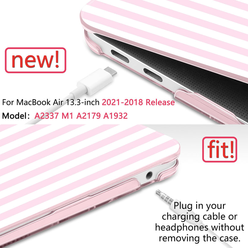 Case for MacBook Air 13 Inch (2021-2018 Models A2337 M1/A2179/A1932), Pink & White Stripes Hard Shell Case with Keyboard Protector, Compatible with Retina Display and Touch ID