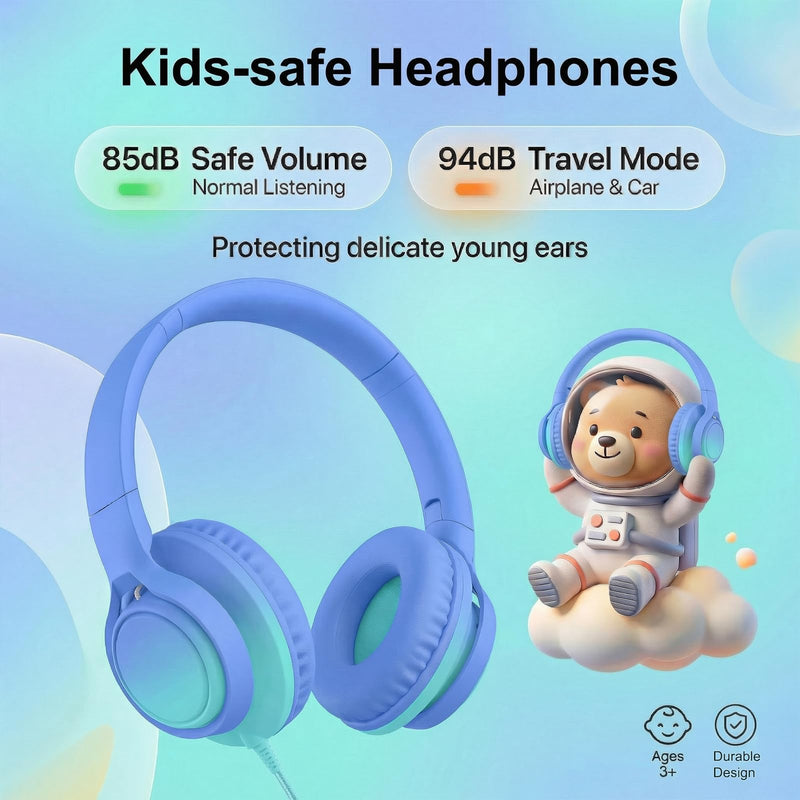 Kids Wired Headphones, 85/94dB, Mic, USB-C Adapter, Sky Blue | 85/94dB volume control, foldable over-ear design, built-in mic, 3.5mm jack, and USB-C adapter for school and travel. Gradient Sky Blue & Teal
