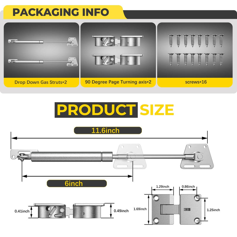 Drop Down Gas Struts,with 90 Degree Page Turning axis,Gas Spring Hinge,for Cabinet and Desk Downward Flap Slowly Down,Only Open Down The Door (2, Silver) 2