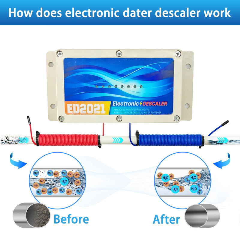 Whole House Electronic Water Descaler, Salt Free Hard Water Conditioner, Reduces Limescale and Rust Buildup, Easy Installation, Chemical Free Solution for Whole House