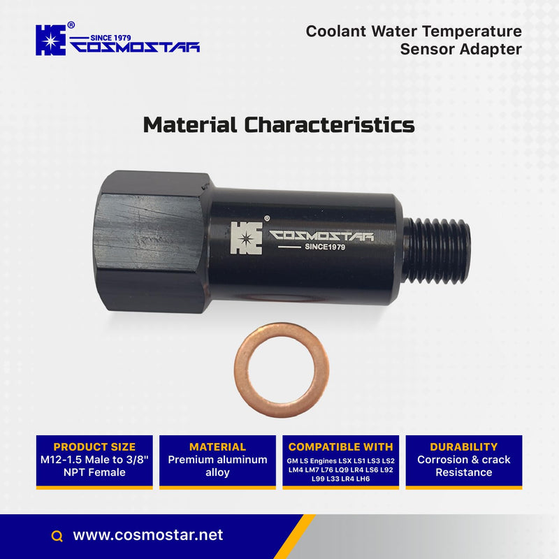 Cosmostar Coolant Water Temperature Sensor Adapter – M12-1.5 Male to 3/8" NPT Female, 1.7" Extended Length, Aluminum Alloy, Compatible with GM LS Engines LSX LS1 LS3 LS2 LM4 LM7 L76 LQ9 LR4 LS6 L92
