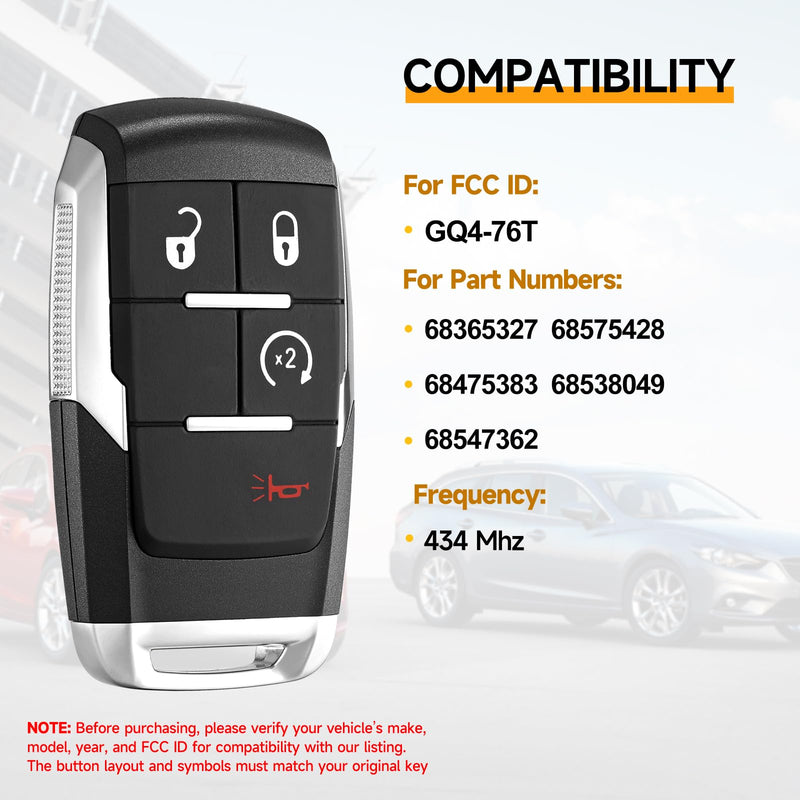 Smart Key Fob Replacement Fits for Dodge Ram 2500 3500 4500 5500 2019 2020 2021 2022 2023 2024 Car Keyless Entry Control Remote GQ4-76T 433Mhz 4BT