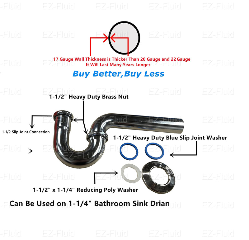 EZ-Fluid 1-1/2" Thick Heavy Duty 17 Gauge Kitchen Sink Chrome Brass P-Trap w/Brass Nuts & 1-1/2" x 1-1/4" Reducing Washer, for Sink Waste Drain P-Trap Tubular Kit, Commercial Grade 1-1/2" x 1-1/2"