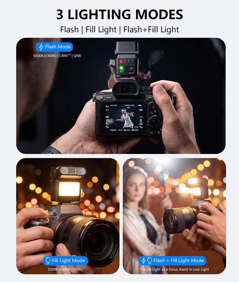 LOUERN Mini Camera Flash Speedlite with Video Light, GN8 On-Camera Flash, 4 Power Levels, 90 Angle Adjustable, Single-Contact Hot Shoe Flash for Sony/Canon/Nikon/Fuji/Pentax DSLR Mirrorless