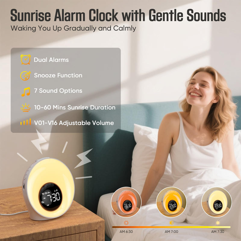 Wake Up Light Sunrise Alarm Clock, White Noise Sleep Sound Machine with 30 Soothing Sounds, Night Lights, Dual Alarms, Snooze, Timer, Bedside Lamp, Christmas Gift for Women, Kids, Heavy Sleepers Large