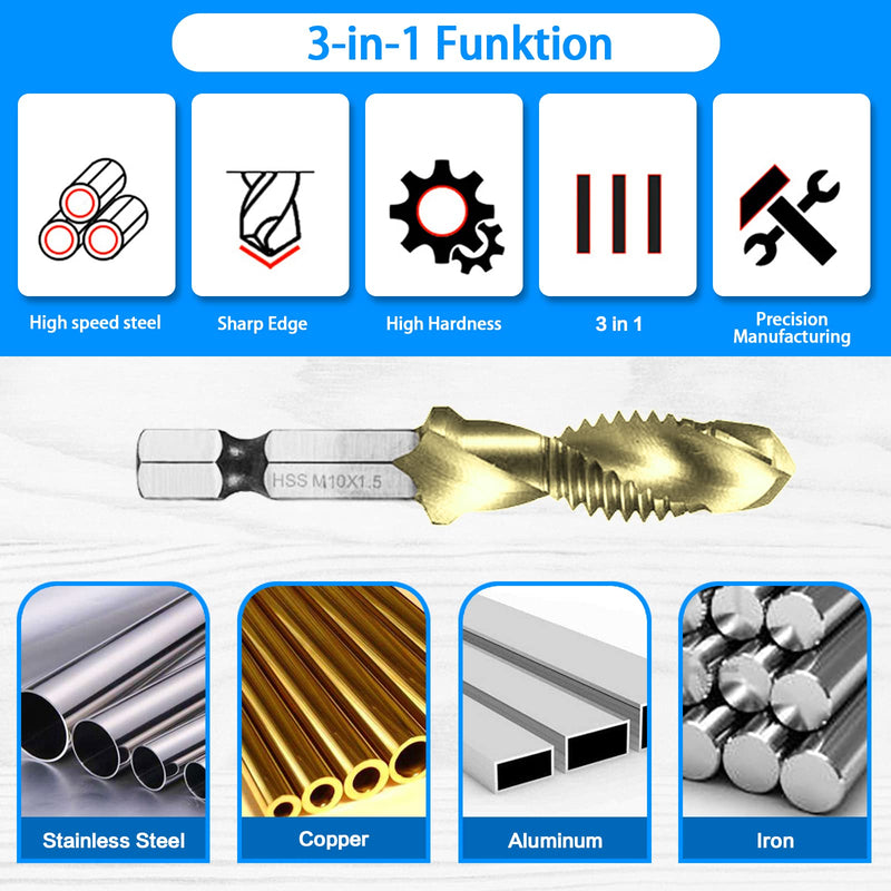 Combination Drill & Tap Bit Set, 6 pc SAE (6-32NC ~ 1/4-20NC) and 6 pc Metric (M3 ~ M10) Titanium Coated Drill Bits Kit for Drilling Screw Threads Tapping Countersinking, with Quick Change Adapter 13 Pcs Drill Tap Set