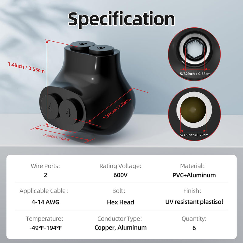 DaierTek 2 Port Insulated Multi Tap Connector, 4-14 AWG Wire Connectors, Single-Sided Entry Aluminum to Copper Wire Connectors with Slotted Allen Hex, Electrical Connectors, Wire Tap, 6 Pack 4-14 AWG-6PCS
