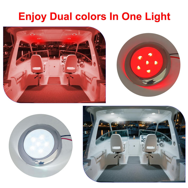 LED Boat Courtesy Light 3Inch Dual Color, IP68 Waterproof 316 Stainless Steel Boat Interior Exterior Deck Cabin Dome Transom Cockpit T Top Marine Light for Fishing Pontoon Bass Sailboat (White|Red) White & Red