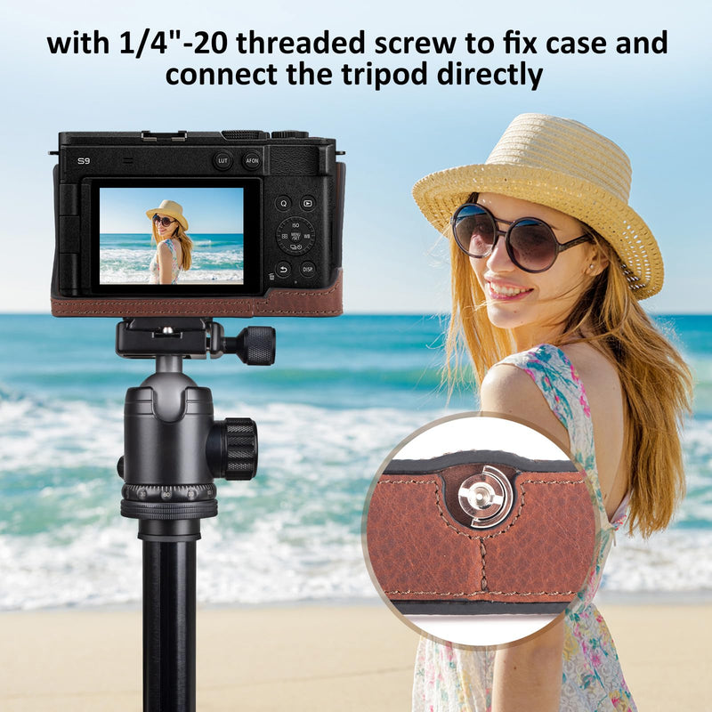 MUZIRI KINOKOO Half Case Compatible for Panasonic Lumix DC-S9 Camera, Genuine Leather Protective Cover for Lumix S9 Mirrorless Camera - with Opening Bottom and Hand Grip Design - Brown