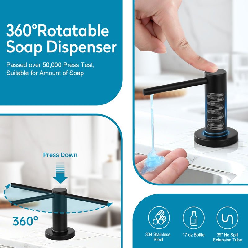 TUTEW Built in Soap Dispenser for Kitchen Sink, Matte Black Countertop Stainless Steel Pump Head, Kitchen Sink Soap Dispenser with 17OZ PET Lotion Bottle