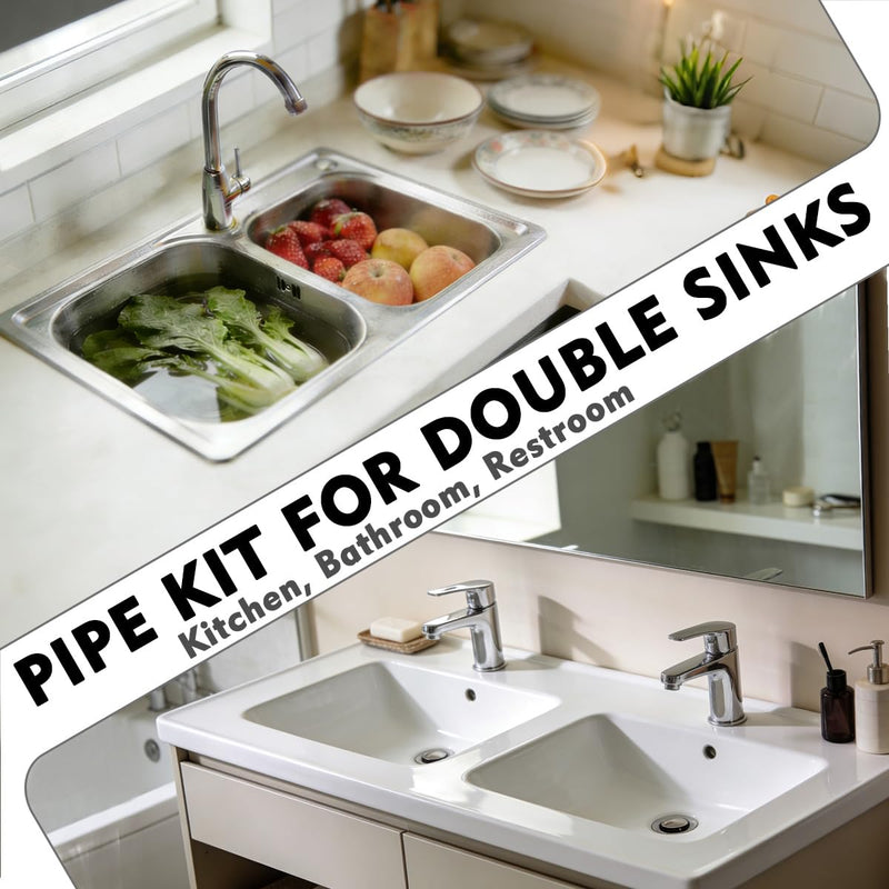 1-1/2" Double Sink Drain Pipe Kit with P-Trap, Wall-Outlet, Complete Plumbing Replacement for Double Kitchen Sinks