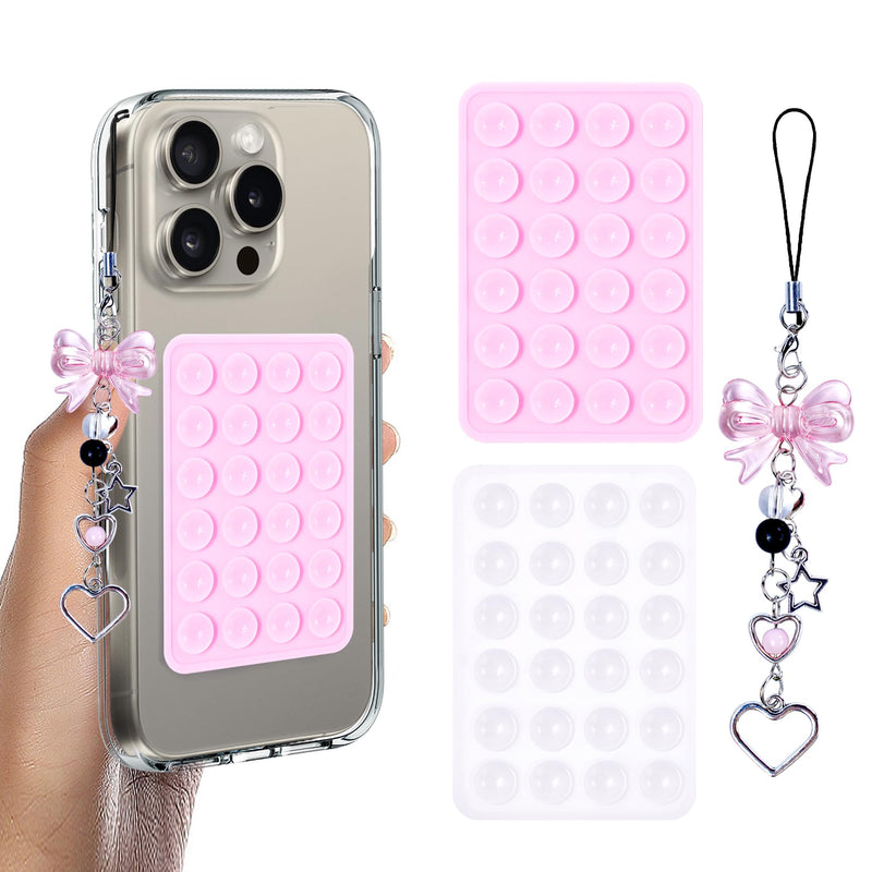 2Pcs Silicone Suction Phone Case Adhesive Mount, Anti-Slip Hands-Free Phone Holder, Sticky Phone Grip Compatible with iPhone and Android Cases for Tiktok Videos and Selfies, Come with Phone Charm 2Pcs-Light Pink+Transparent