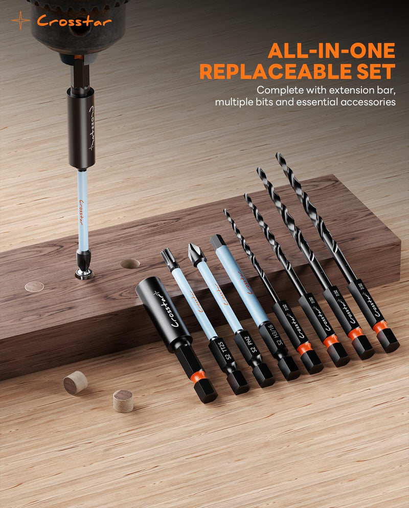 Crosstar 18PCS Countersink Drill Bit Set with Wood Plug Cutter & Stop Rings | Tapered Pilot Bits, M2 HSS, 1/4" Quick Change Hex Shank | All-in-One Woodworking Kit with Storage Box