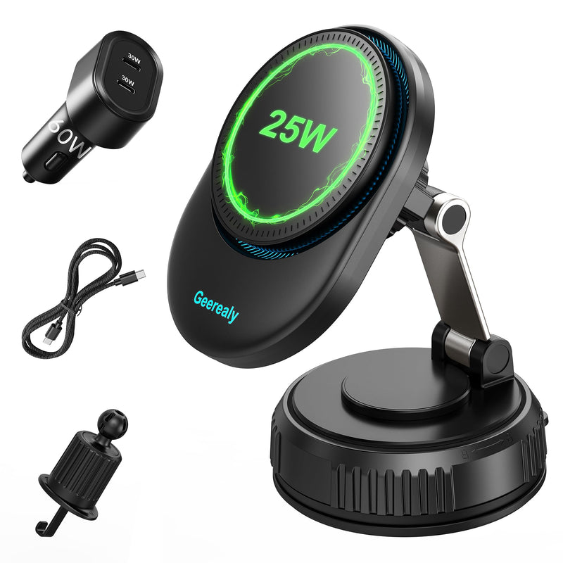 for 25W MagSafe Car Mount Charger with Cooling Fan, Magnetic Wireless Car Charger, Suction Cup & Vent Attachment Phone Holder, 25W Fast Charging Car Cooling Phone Mount for iPhone 17/16,S26 Ultra
