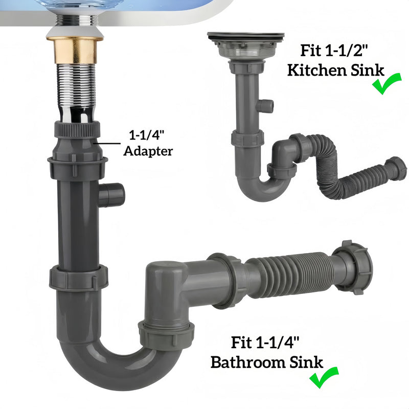 Universal 1-1/4" & 1-1/2" P Trap Drain Kit, Flexible PP U-Bend Plumbing Pipe for Bathroom Sink & Kitchen, Heat Resistant Drain Replacement with Extension Tube & Adapter