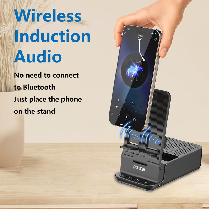 DONOW Wireless Induction Bluetooth Speaker with Cell Phone Stand, HD Surround Stereo Sound Foldable Phone Holder Perfect for Tablet iPhone Android, Gifts for Men Women (Black) Black