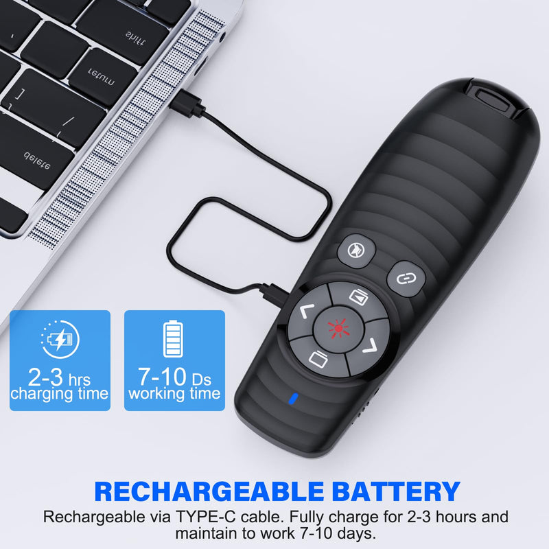 Presentation Clicker Wireless Presenter Remote Clicker for 2-in-1 USB Type C Powerpoint Clicker with Pointer, Rechargeable Presentation Pointer PPT Slide Advancer for Mac/Google Slide/Keynote USB C+USB A Rechargeable