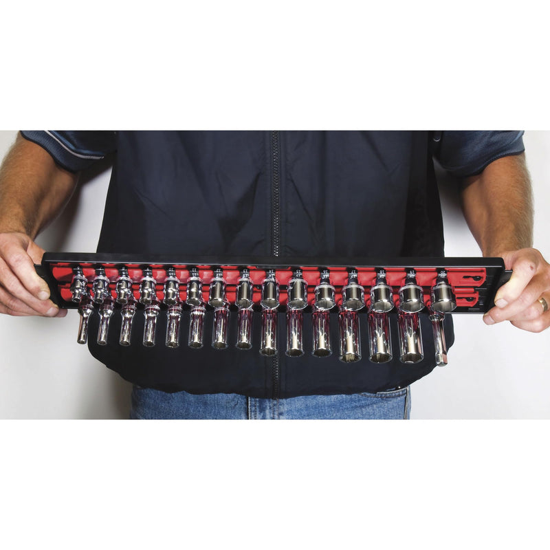 Ernst Manufacturing - 8453 Socket Boss 2-Rail 3/8-Inch-Drive Socket Organizer, 19-Inch, Red - Socket Storage Tray and Organization System for Mechanics and Automotive Service Technicians 3/8"