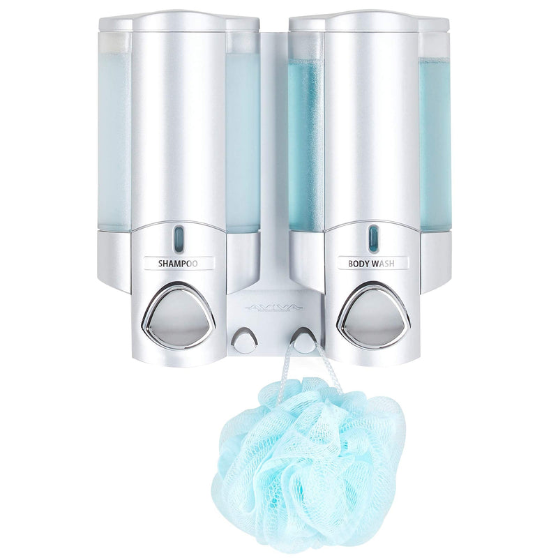 Better Living Aviva Shower Dispenser 2 Chamber, Wall Mount Shower Soap Dispenser for Bathroom Hotel Body Wash, Built-in Hooks, No Drill, Waterproof Shampoo Soap Dispenser, 2 x 11 oz, Satin Silver 2-Chamber