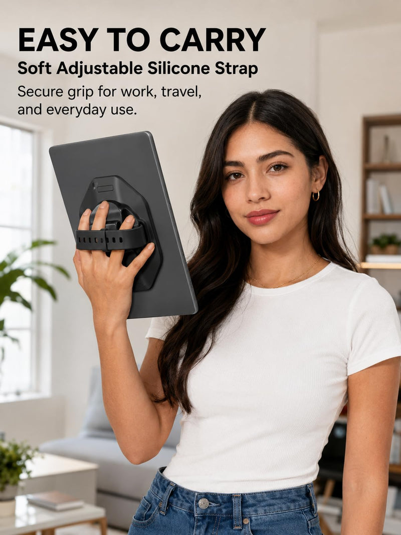Tablet Hand Strap Holder and 360° Rotating Stand, Black | 360° rotating grip with silicone band and nano adhesive pad; fits iPad, Galaxy Tab, Xiaomi, Vivo and Huawei tablets.