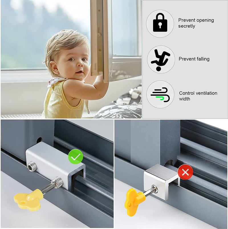 Window Locks, 8 Sets Sliding Security Window Lock with Key for Vertical & Horizontal Sliding Windows & Sliding Doors, Adjustable Window Locks Security Window Stoppers for Patio Bedroom Home and Office Silver 8 Sets