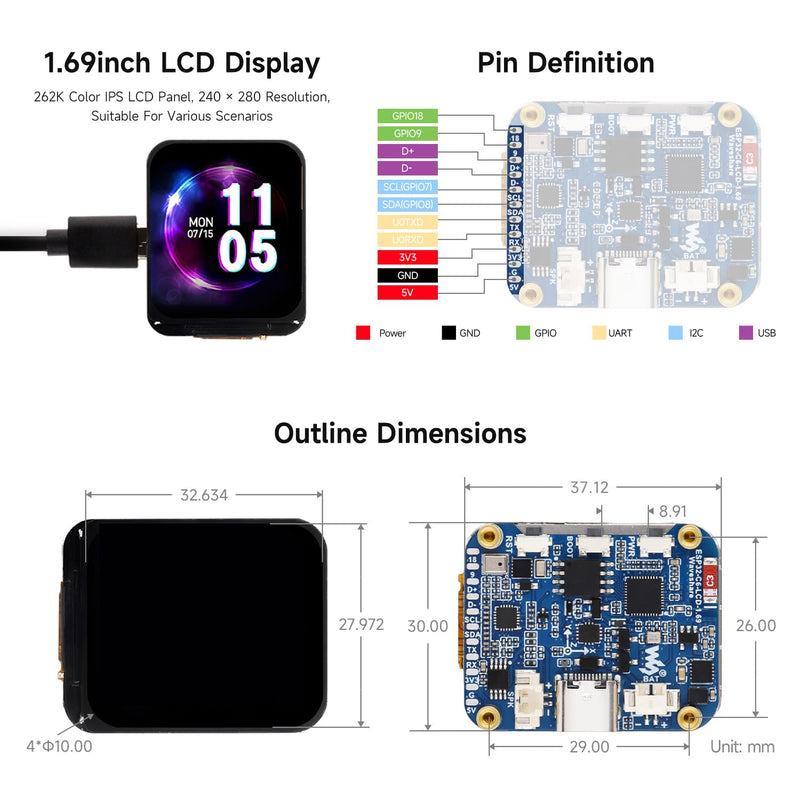 Waveshare ESP32-C6 1.69inch LCD Development Board, 240×280 Pixels, Supports Wi-Fi 6 / BLE 5, 160MHz RISC-V Processor, AI Speech, ESP32 with Display, No Touch Function