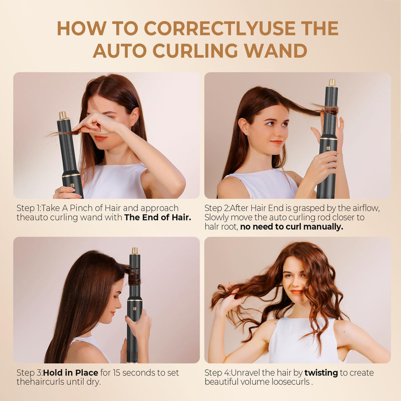 Mogawave Air Styler 5 in 1, 1000w Hair Dryer Brush, | 30mm Air Curler, Detachable Multi-Hair Styler Tools for Drying Curling Volumizing Straightening, for Salon Blow-Out Look Blackgold