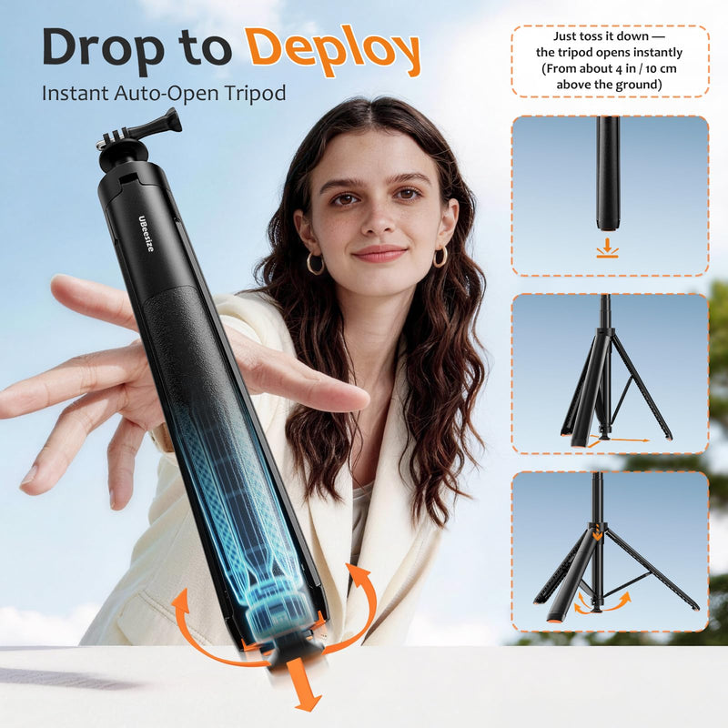 UBeesize 65” Auto-Open Invisible Selfie Stick Tripod for Insta360 X5/X4/X3 | 2-in-1 Extension Pole with GoPro Adapters, Waterproof Handle Grip for DJI Osmo 360/Pocket/Osmo Action, Luna Ultra, GoPro HERO 65“