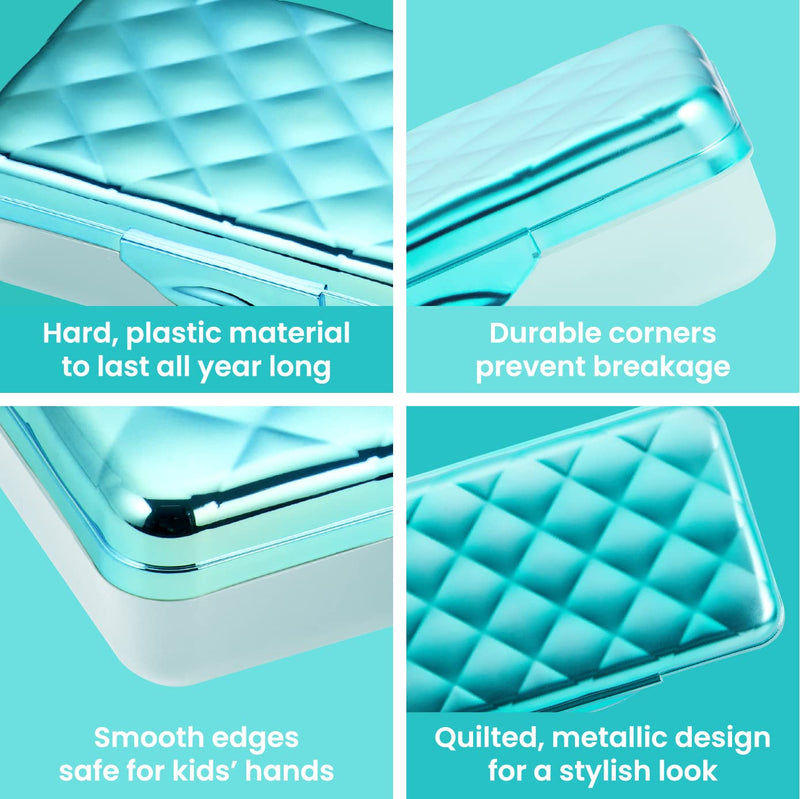 It's Academic Metallic pencil Case Box, Hard Plastic, Stylish Quited-Pattern Lid, Blue