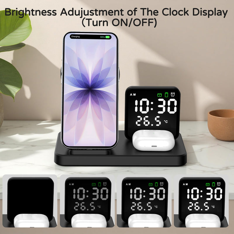 5 in 1 Wireless Charging Station with Alarm Clock Pen Holder, Fast Wireless Charger for iPhone 17/16/15/14/13/12/Pro/Max/Air, for iWatch & AirPods, Charger Stand with Temperature, Snooze Model Black