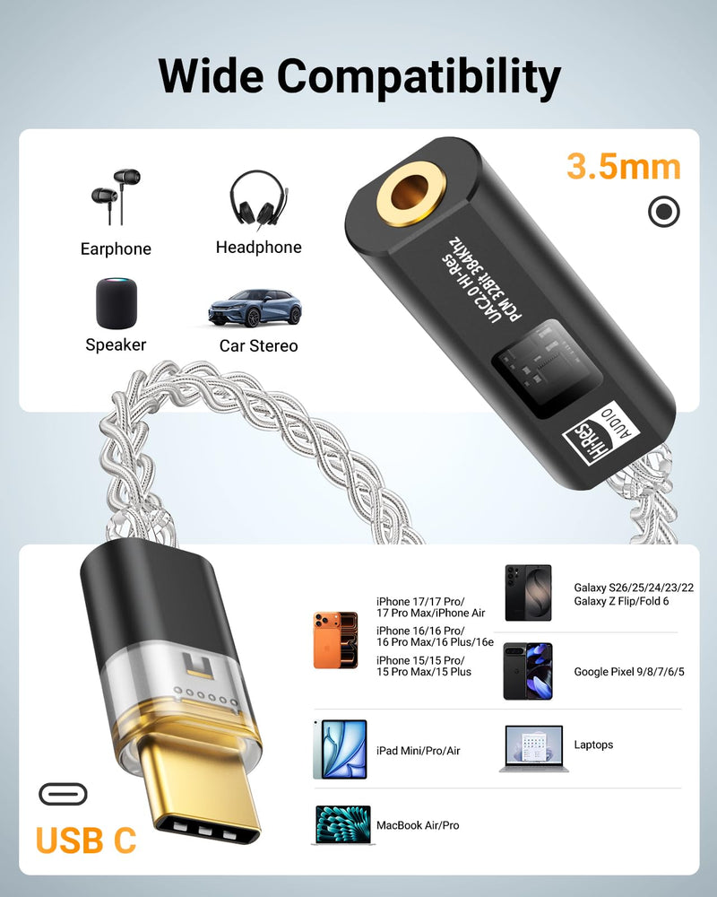 MoKo USB C to 3.5mm Jack Audio Adapter, Dual DAC Chip CX31993 & MAX97220 | Built-in HiFi Amplifier, 32bit/384KHz Hi-Res Certified, Supports In-line Controls, For Android iPhone PC Mac Switch PS5,Black Black
