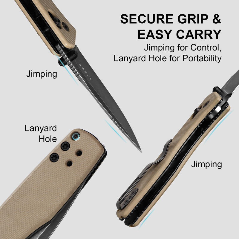 Kizer Aegis EDC Pocket Knife, 2.8" D2 Steel Drop Point Folding Knife with Sand G10 Handle, Thumb Stud Opener Clutch Lock, Pocket Knives for Camping Hiking V3774M1 D2 Steel+Sand G10 Handle