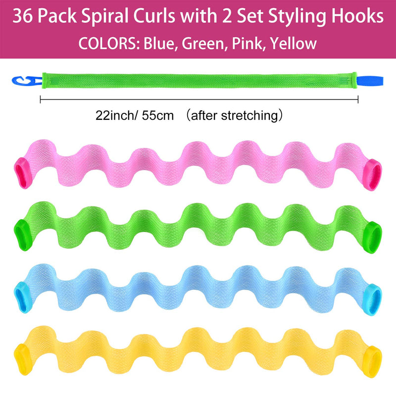 FEPITO 36 Pack Magic Hair Curlers Spiral Curls Wave Styling Hair Rollers Kit No Heat Hair Curler and Styling Hooks for All Hair Lengths, 55cm/ 22inch