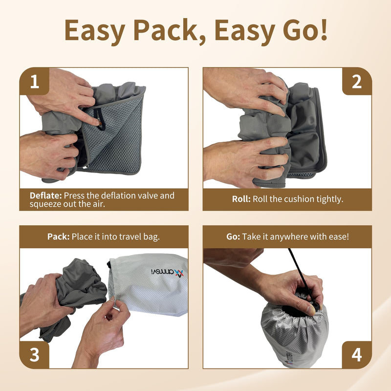 Air Inflatable Travel Seat Cushion with Built-in Pump & Carry Bag– Portable & Adjustable for Airplane, Car, Office – Coccyx, Sciatica & Tailbone Pain Relief (Gray) Gray Cushion With Silver Storage Bag