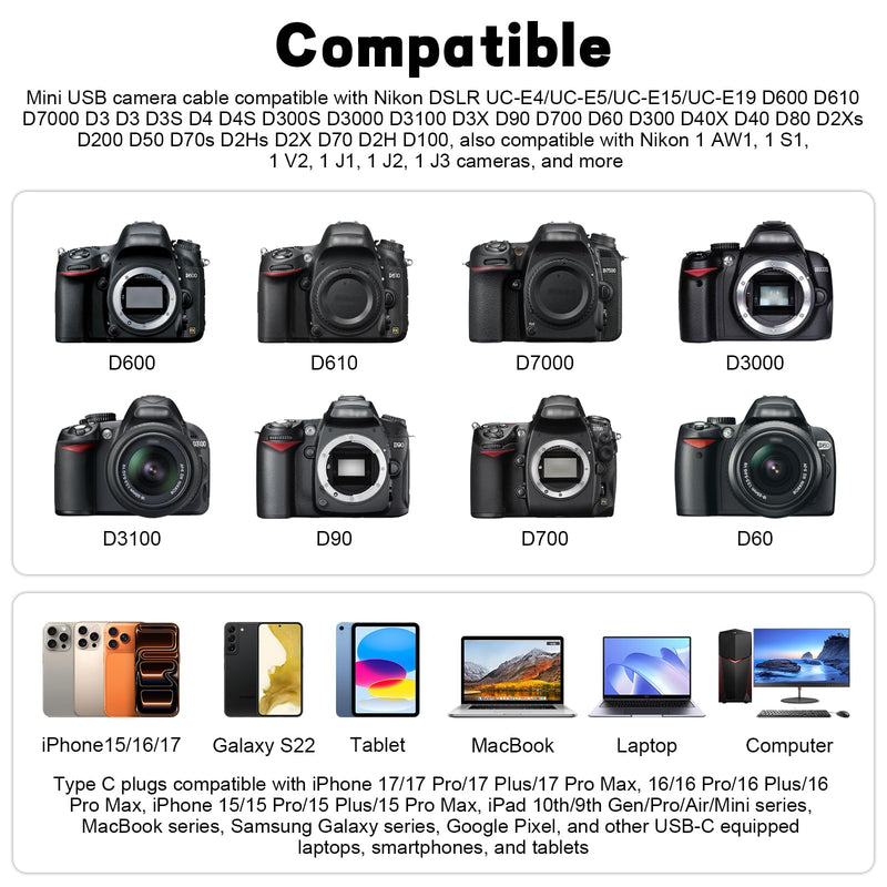 UC-E4 USB Cable Compatible with Nikon D40 D40X D50 D60 D70 D70S D80 D90 D100 D200 D300 D300S D610 D700 D3000 D3100 D7000 D1H D2X D2H D2HS D3 D3S D4 Camera, for iPhone 15/16/17, Laptop, Tablet (4.9ft)