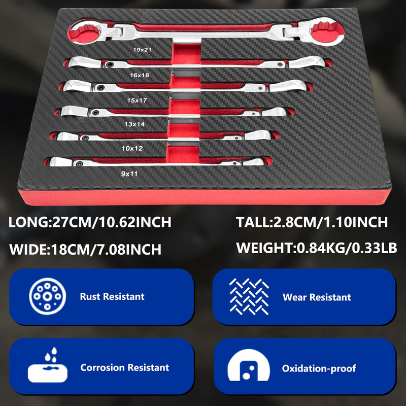 ZKTOOL 6PCS Double Open Movable Head Flexible Flare Nut Wrench Set, Metric Wrench Set 9-21mm, 180 Degree Rotating Head,Applicable to 6PT & 12PT, Kit For Most Of Compression Joint Fittingmovable
