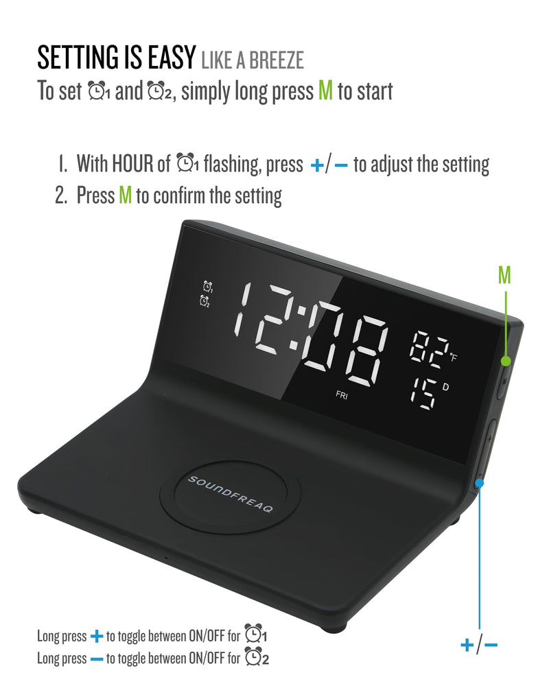Soundfreaq Charge Rise II, SFQ-20: Digital Alarm Clock, with Dual Alarms, Fast USB Charger and Wireless Charger (Black) Black
