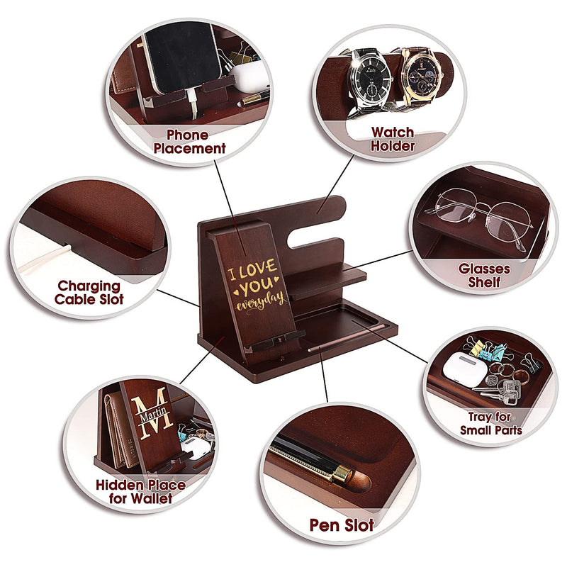 Personalized Wood Phone Docking Station for Husband Boyfriend - I Love You Everyday - Key Holder Wallet Stand Watch Organizer Men Gift Anniversary Birthday Christmas Nightstand Male Travel Gadgets For Husband/Boyfriend