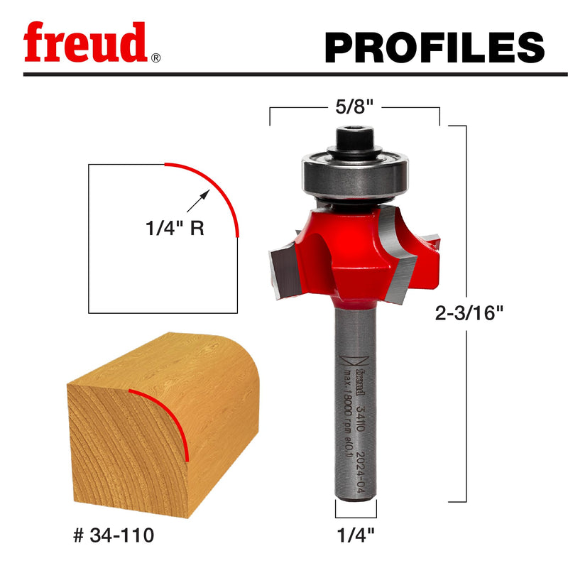 Freud Quadra-Cut Radius Rounding Over Bit with Perma-Shield Coating for Flawless Finish - 4 Cutters, 1/4" Shank Dia., 1/4" Radius, 2-3/16" Length - 34-110