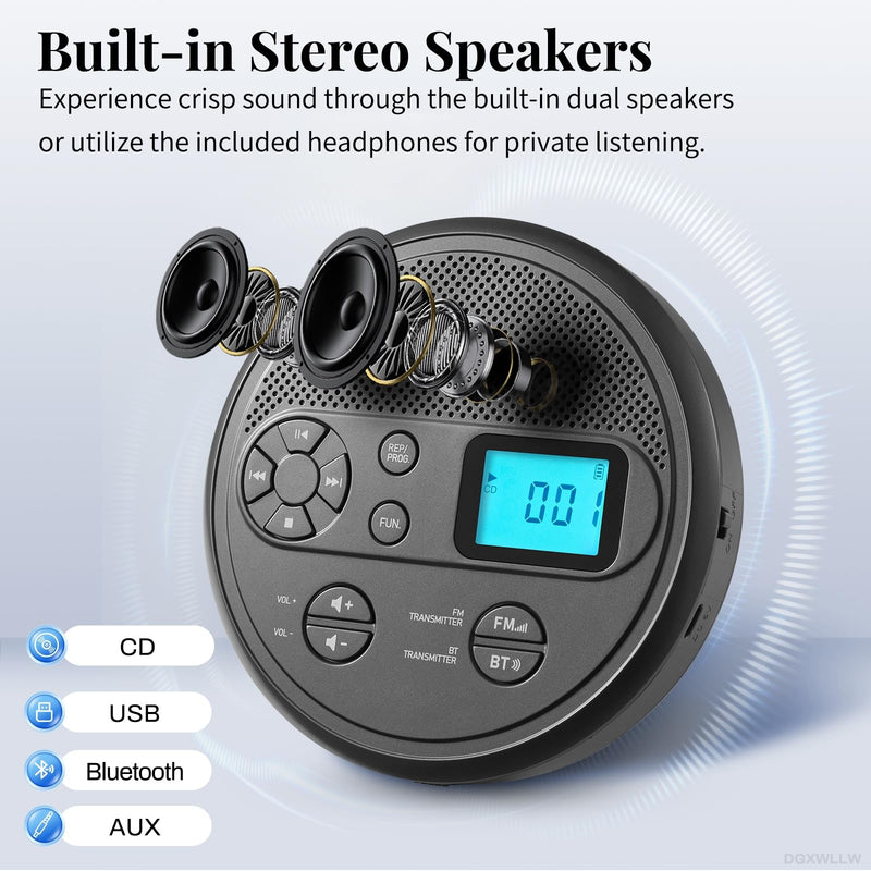 Portable CD Player with FM Transmitter, Bluetooth, Timer, USB, AUX | Rechargeable Music Player with Anti-Skip, Stereo Speakers, LCD Display, Includes Headphones for Use at Home or in Car, Grey