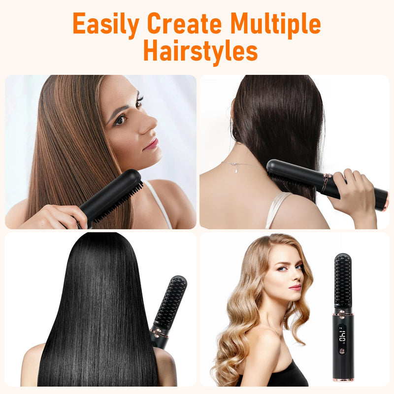 Cordless Hair Straightener Brush, Portable Hot Comb Hair Straightener Negative Ion Hair Straighteners Comb for Women 4 Temperature Beard Straightener Brush USB Rechargeable Anti-Scald Auto-Off（Black）