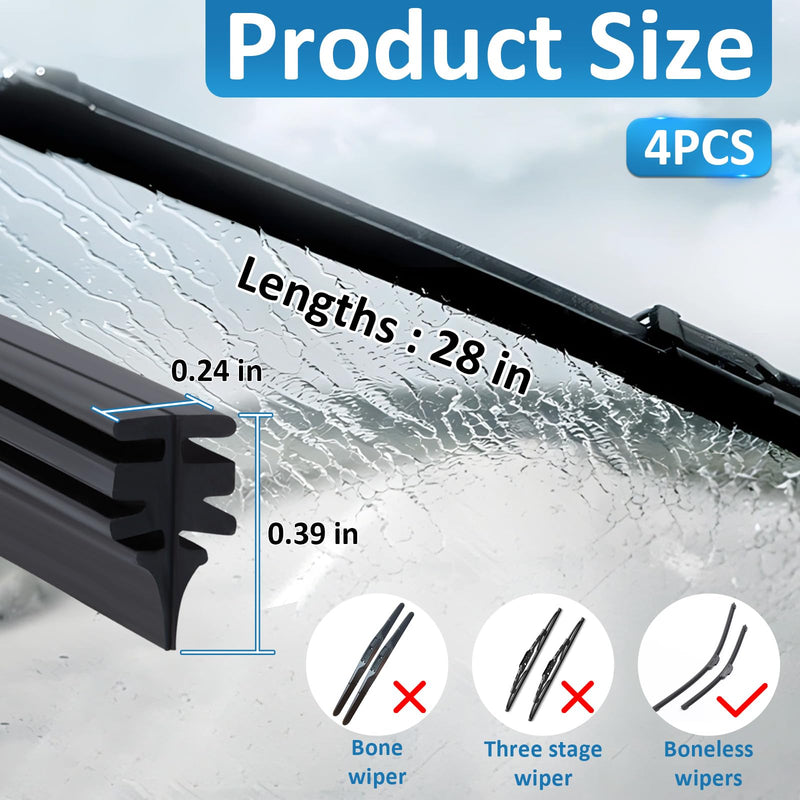 4Pcs Wiper Blade Refill, 28 inch DIY Adjustable Universal Replacement Wiper Blade Refill Replacement for Front and Rear Windshield Wiper Baldes Rubber Strip for Car, Truck, SUV
