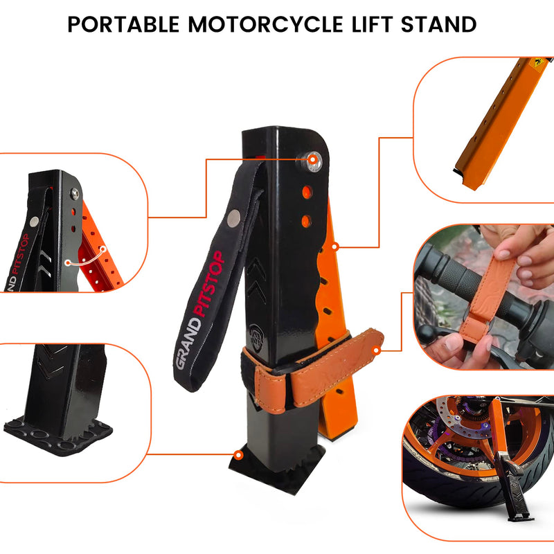 GRAND PITSTOP Motorcycle Maintenance Stand, Portable & Compact Lift Stand Moto Jack, Adjustable Height for Chain Cleaning and Lubrication Easy to use