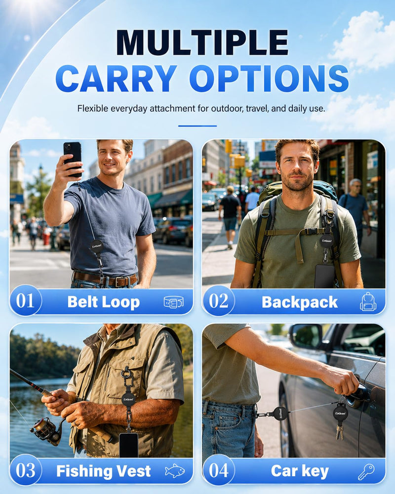 Anti-Theft Phone Tether, Phone lanyard - Universal Adhesive Anchor, Retractable Steel Line and Locking Carabiner Black