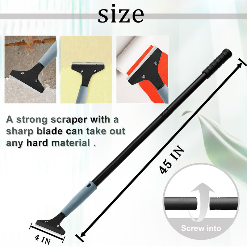 Heavy Duty 4-inch Razor Blade Floor Scraper, 45 Inch Long-Handle, Cleaning Glass Wall Scraper, with 10 Blades, Painting Stripping Tools, Tile, Floors, Walls