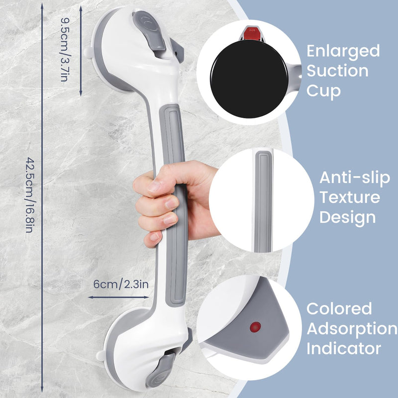 Reyiu Grab Bars for Shower, 16.5 Inch Shower Handle with Safety Indicators, Suction Cup Bathroom Grab Bar for Elderly, Seniors, Handicap - No Drill, Waterproof, Removable (2 Pack) 2 Pack Light Gray